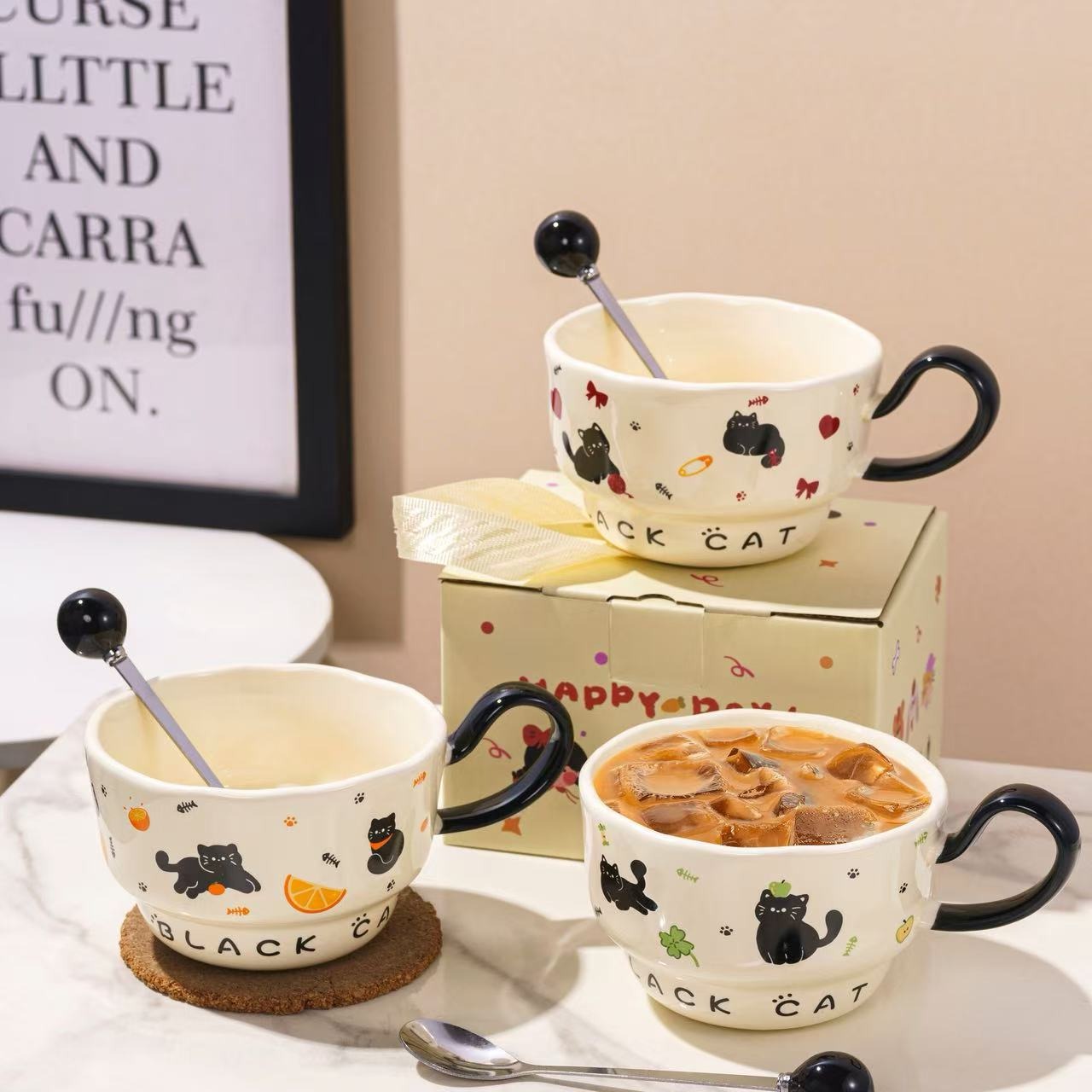 Cute Cat Porcelain Mug with Spoon