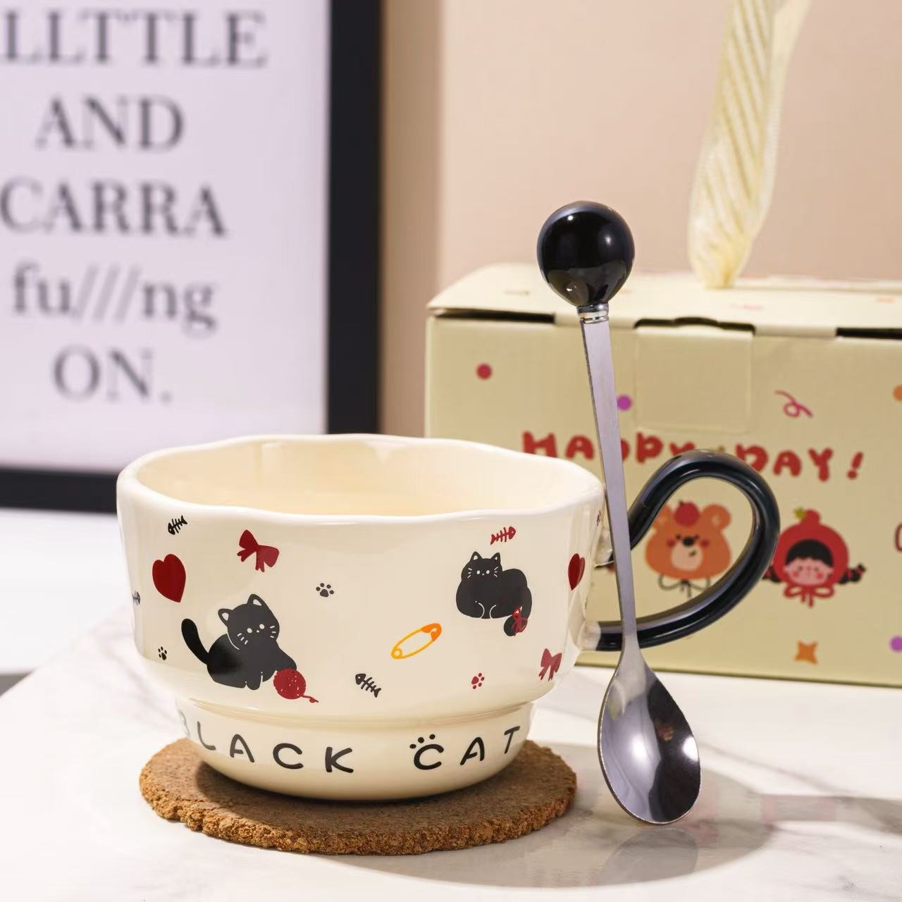 Cute Cat Porcelain Mug with Spoon