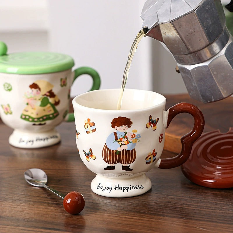 Cartoon Pastoral Ceramic Mug with Lid and Spoon
