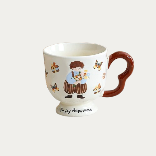 Cartoon Pastoral Ceramic Mug with Lid and Spoon