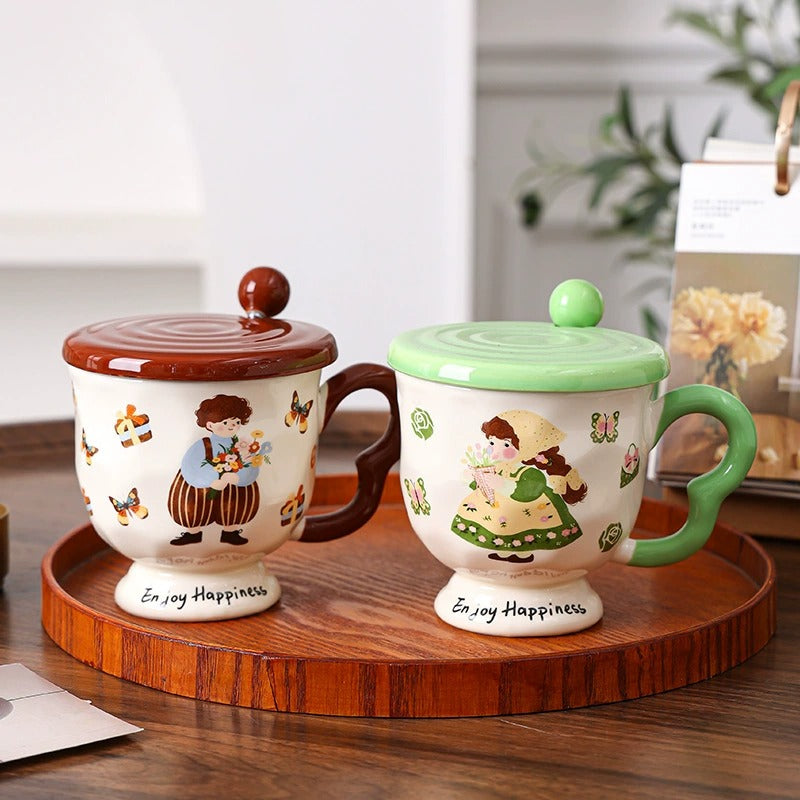 Cartoon Pastoral Ceramic Mug with Lid and Spoon