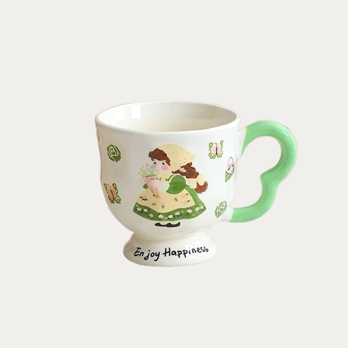 Cartoon Pastoral Ceramic Mug with Lid and Spoon
