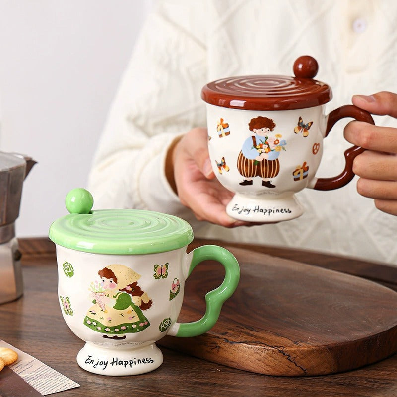 Cartoon Pastoral Ceramic Mug with Lid and Spoon