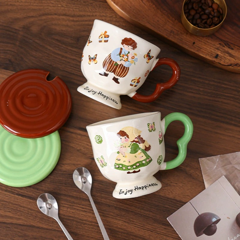 Cartoon Pastoral Ceramic Mug with Lid and Spoon